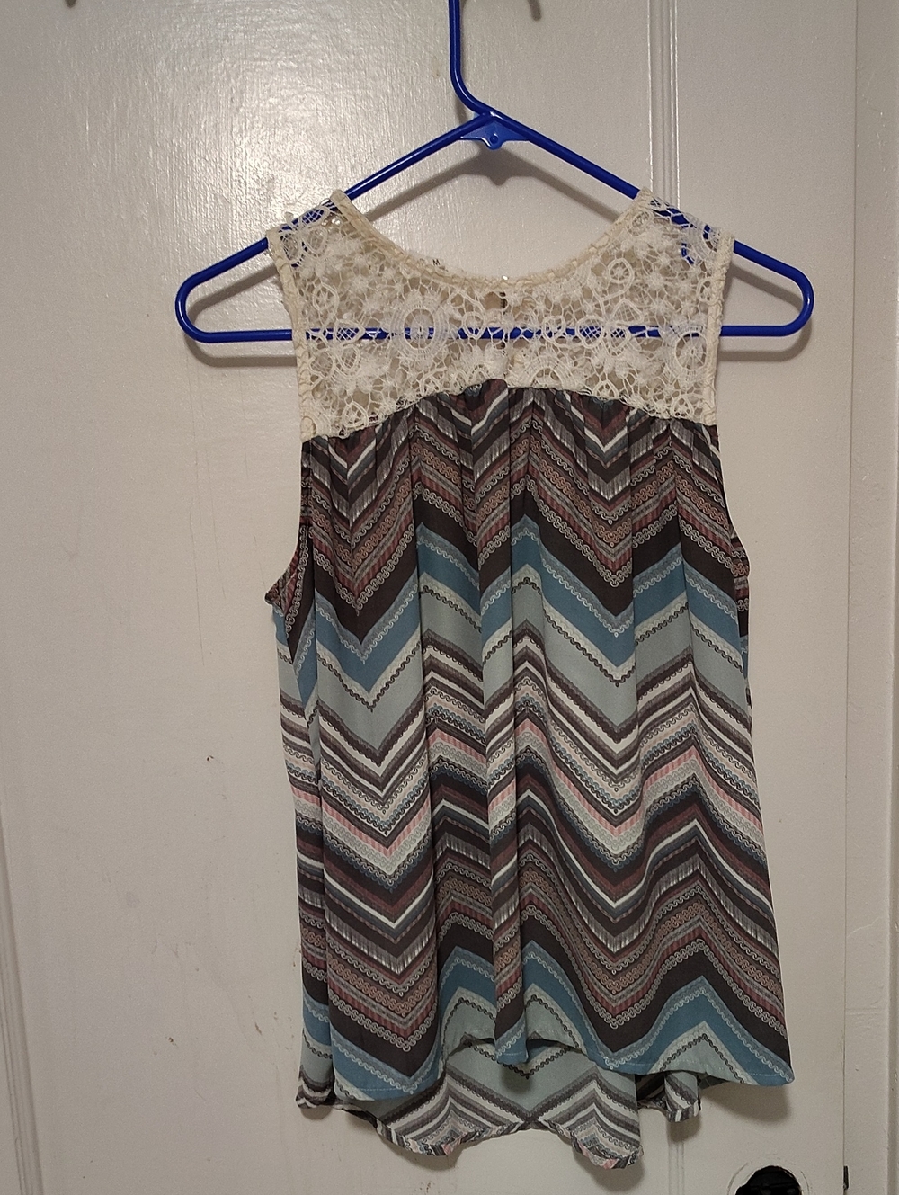 Lace Yoke Chevron Tank Top in Cream, Blue & Gray